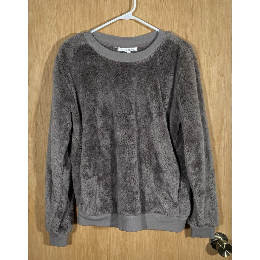 Workshop Republic Clothing Faux Fur Sweater Sherpa Gray Pockets Women's Med NWT